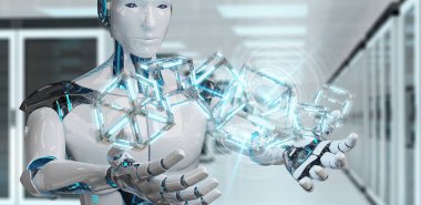 Geleceğin teknolojisi yapısı 3d render oluşturma bulanık arka plan üzerinde beyaz robot