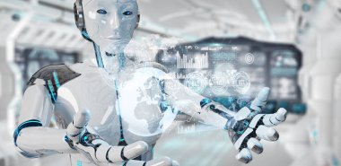 Dijital veriler arabirimi 3d rendering kullanarak bulanık arka plan üzerinde beyaz kadın cyborg