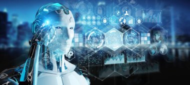 Dijital veriler arabirimi 3d rendering kullanarak bulanık arka plan üzerinde beyaz erkek cyborg