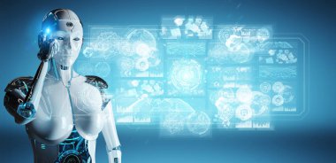 Dijital veriler arabirimi 3d rendering kullanarak bulanık arka plan üzerinde beyaz kadın cyborg