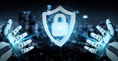 Beyaz insansı el web güvenlik 3B oluşturmayı kullanarak arka plan bulanık üzerinde