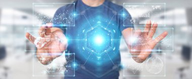 İşadamı hologramlar veriler 3d render ile dijital ekranlar arabirimini kullanarak arka plan bulanık üzerinde