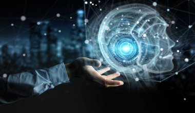 İşadamı dijital yapay zeka arabirimi 3d rendering kullanarak arka plan bulanık üzerinde