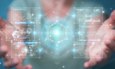 İşkadını hologramlar veriler 3d render ile dijital ekranlar arabirimini kullanarak arka plan bulanık üzerinde