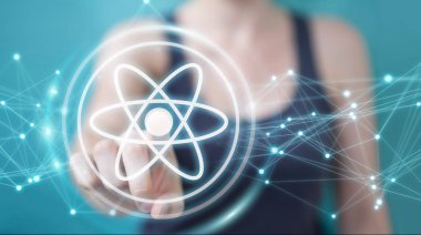 İşkadını modern molekül yapısı 3B oluşturmayı kullanarak arka plan bulanık üzerinde