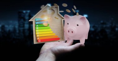 İşadamı iyi enerji grafik rating 3d render ile para tasarrufu bulanık arka plan üzerinde