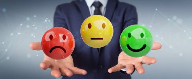 Müşteri memnuniyeti derecelendirme 3B oluşturmayı kullanarak arka plan bulanık üzerinde işadamı