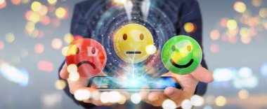 Müşteri memnuniyeti derecelendirme 3B oluşturmayı kullanarak arka plan bulanık üzerinde işadamı