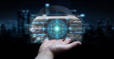 Sanal gerçeklik gözlük teknoloji 3d rendering kullanarak arka plan bulanık üzerinde işadamı