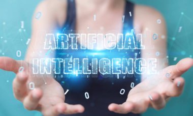 İşkadını dijital yapay zeka metin hologram 3B oluşturmayı kullanarak arka plan bulanık üzerinde
