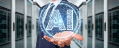 İşadamı dijital yapay zeka simgesi hologram 3B oluşturmayı kullanarak arka plan bulanık üzerinde