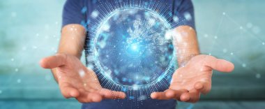 İşadamı üzerinde küre ağ hologram Avrupa ile harita 3B oluşturmayı kullanarak arka plan bulanık