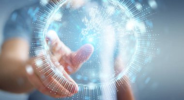 İşadamı üzerinde küre ağ hologram Avrupa ile harita 3B oluşturmayı kullanarak arka plan bulanık