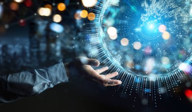 İşadamı üzerinde küre ağ hologram Avrupa ile harita 3B oluşturmayı kullanarak arka plan bulanık