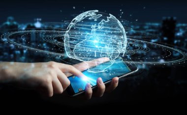 İşadamı üzerinde küre ağ hologram Avrupa ile harita 3B oluşturmayı kullanarak arka plan bulanık