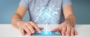 İşadamı dijital göz gözetim hologram 3B oluşturmayı kullanarak arka plan bulanık üzerinde