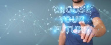 İşadamı gelecek metin arabirimi 3d rendering kullanarak arka plan bulanık üzerinde