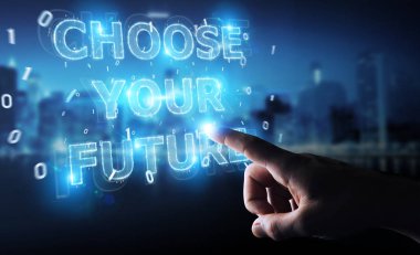 İşadamı gelecek metin arabirimi 3d rendering kullanarak arka plan bulanık üzerinde