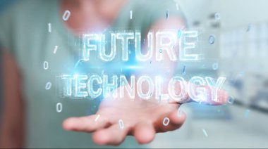 İşkadını geleceğin teknolojisi metin arabirimi 3d rendering kullanarak arka plan bulanık üzerinde