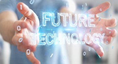 Geleceğin teknolojisi metin arabirimi 3d rendering kullanarak arka plan bulanık üzerinde işadamı