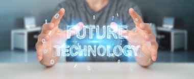 Geleceğin teknolojisi metin arabirimi 3d rendering kullanarak arka plan bulanık üzerinde işadamı