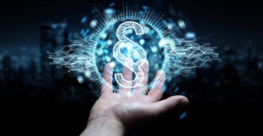 İşadamı hukuk paragraf dijital hologram 3B oluşturmayı kullanarak arka plan bulanık üzerinde