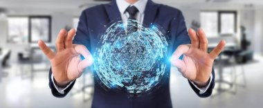 İşadamı dijital üçgen küre hologram 3d render patlayan kullanarak arka plan bulanık üzerinde