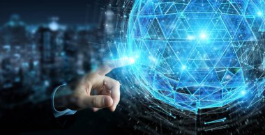 İşadamı dijital üçgen küre hologram 3d render patlayan kullanarak arka plan bulanık üzerinde