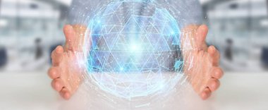 İşadamı dijital üçgen küre hologram 3d render patlayan kullanarak arka plan bulanık üzerinde