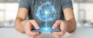 İşadamı dijital üçgen küre hologram 3d render patlayan kullanarak arka plan bulanık üzerinde