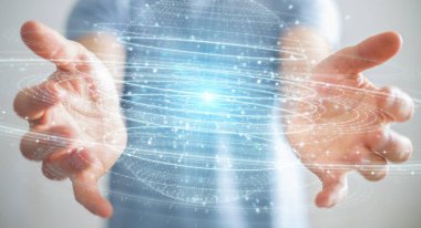 İşadamı dijital küre bağlantısı hologram 3B oluşturmayı kullanarak arka plan bulanık üzerinde