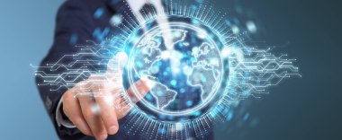 İşadamı üzerinde küre ağ hologram Amerika ABD harita 3d render ile kullanarak arka plan bulanık