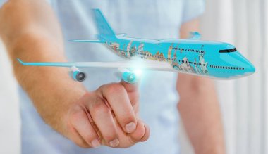 İşadamı çınar ve ünlü simgelerinden dünya 3d render ile bulanık arka plan üzerinde