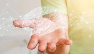 Hücre ve neurons aktivitesiyle 3d render dijital röntgen insan beyni arabirimini kullanarak iş adamı