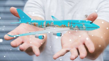 İşadamı çınar ve ünlü simgelerinden dünya 3d render ile bulanık arka plan üzerinde