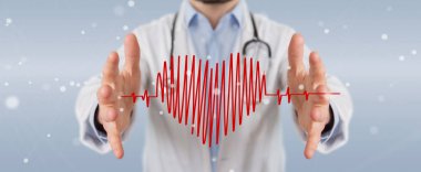 Kalp atışı dijital arabirimi 3d render holding arka plan bulanık doktor