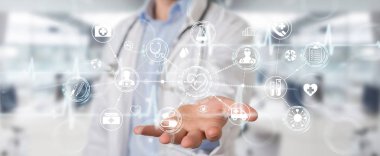 Dijital tıbbi futuristik bir arayüze 3B oluşturmayı kullanarak arka plan bulanık doktor