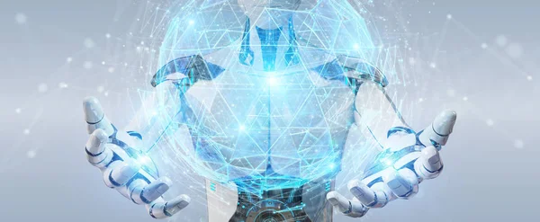 Robot Blanco Sobre Fondo Borroso Usando Holograma Conexión Esfera Digital — Foto de Stock