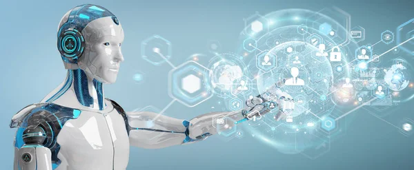 Hvit Mannlig Robot Med Uklar Bakgrunn Ved Hjelp Digitalt Skjermgrensesnitt – stockfoto