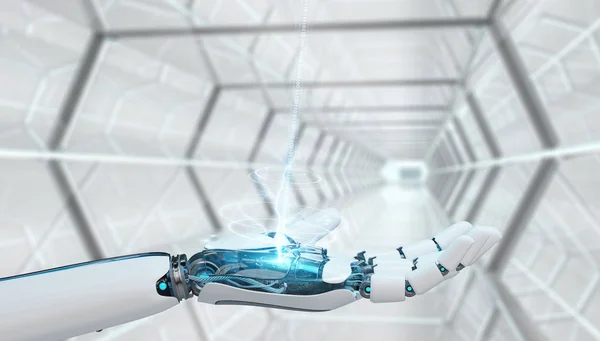 White Cyborg Opening His Hand Spaceship Background Rendering — Stock Photo, Image