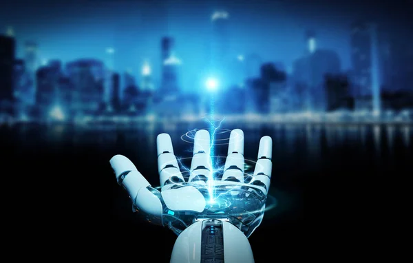 白色机器人打开他的手隔离在城市背景3D — 图库照片