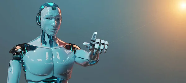 Cyborg Alb Sex Masculin Îndreptându Degetul Izolat Fundal Albastru Închis — Fotografie, imagine de stoc