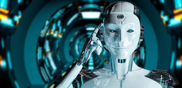 Beyaz Kadın Cyborg Düşünme Uzay Arka Plan Render Kafasına Dokunmak — Stok fotoğraf