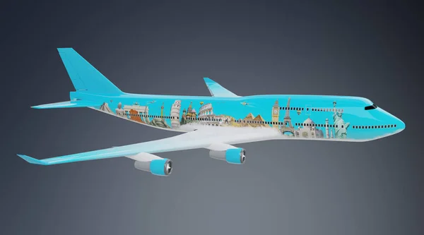 Plane with famous landmarks of the world isolated on grey background 3D rendering