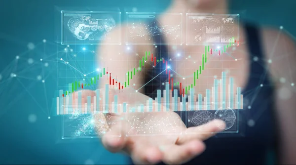 Üzletember Renderelés Tőzsdei Adatok Diagramok Segítségével Elmosódott Háttér — Stock Fotó