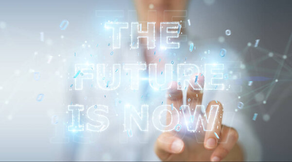 Businesswoman on blurred background  using future text interface 3D rendering