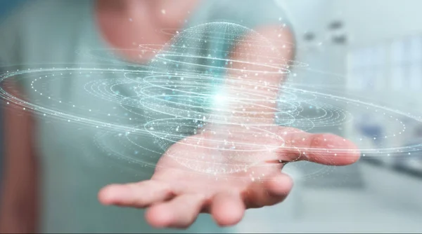 Geschäftsfrau Auf Verschwommenem Hintergrund Mit Digitalem Sphere Connection Hologramm Rendering — Stockfoto