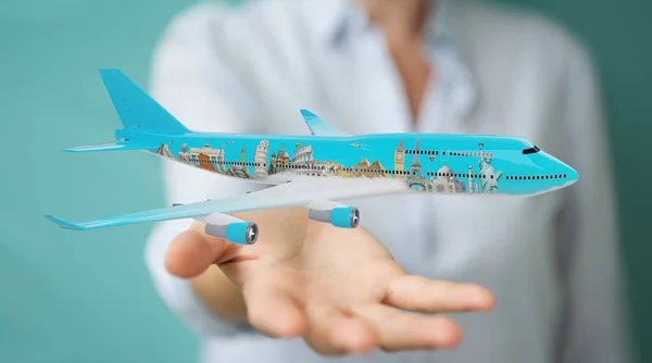 Businesswoman Blurred Background Plane Famous Landmarks World Rendering — Stock Photo, Image