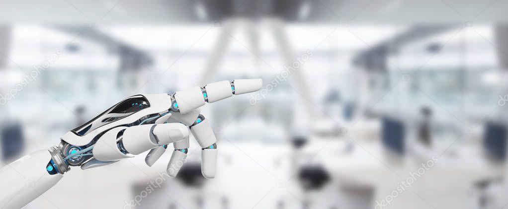 White cyborg pointing his finger on spaceship background 3D rendering