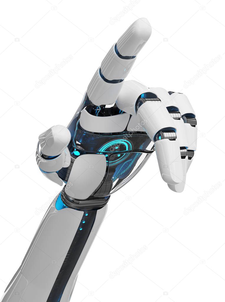 White cyborg pointing his finger isolated on white background 3D rendering